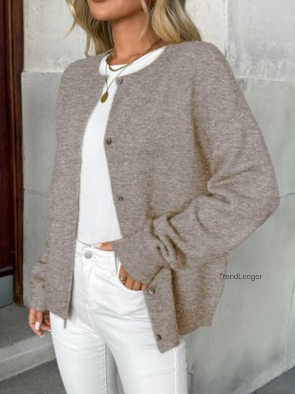 Womens Crew Neck Button Down Cardigan Sweater Fall Outfits - Picture 3 of 6